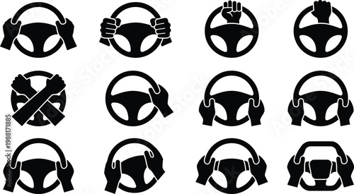 Verschiedene Haltungen und Interaktionen von Händen mit einem Lenkrad, die unterschiedliche Emotionen und Aktionen darstellen.