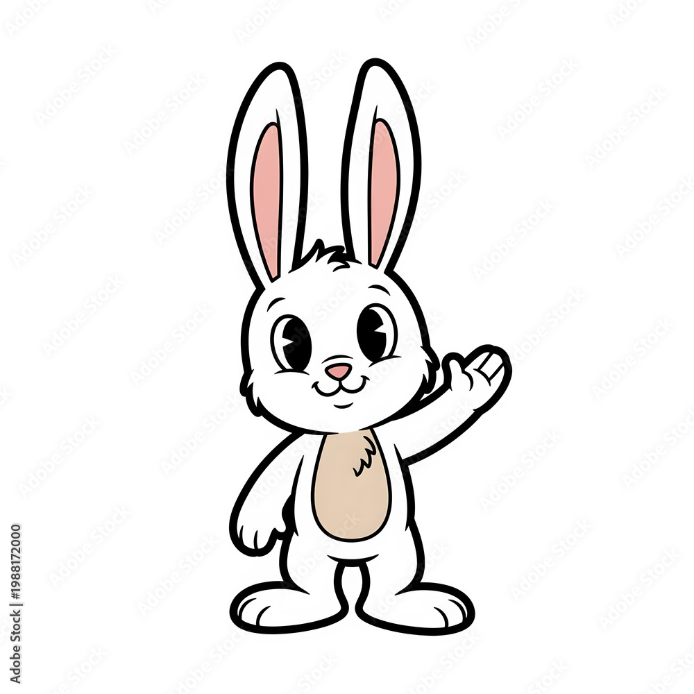 Obraz premium Cute white rabbit cartoon character waving, friendly bunny mascot illustration, cheerful animal standing on white background for kids design