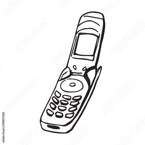Hand drawn doodle flip phone sketch. Retro mobile cell phone outline vector illustration isolated on white. Y2K nostalgia, vintage tech line art.