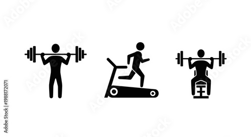 Gym fitness icons weightlifting treadmill running and bench press activities