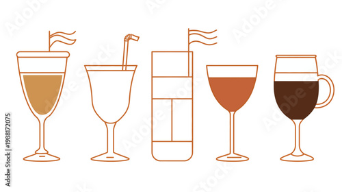 Illustration of various drink glasses and containers with liquid and straws, outlined in brown