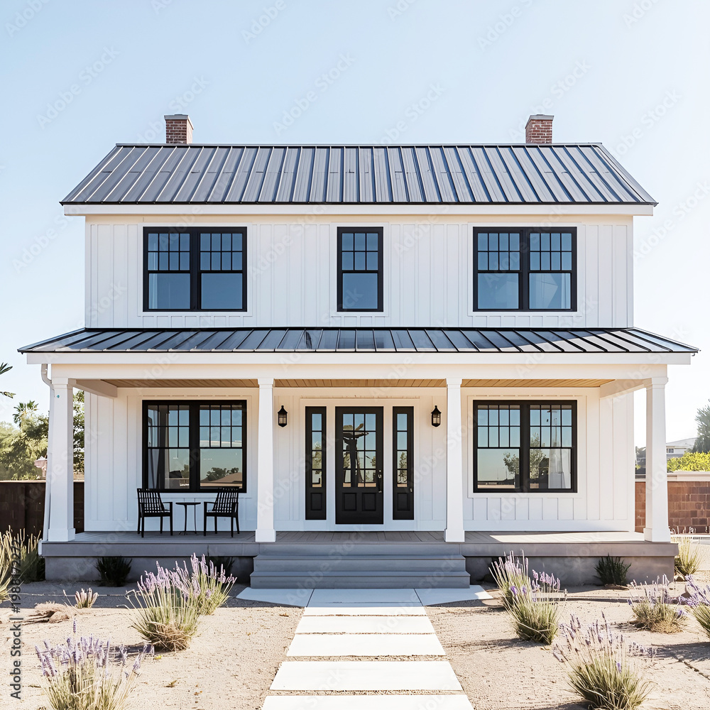 Fototapeta premium Modern White Farmhouse with Black Metal Roof and Wrap-Around Porch – Contemporary Home Exterior Design. 