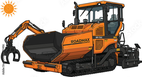 Road construction machine with bucket and grab attachment for heavy duty work in infrastructure development vector illustration