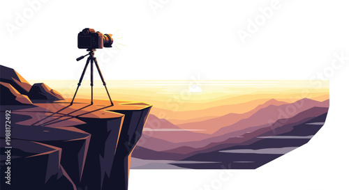 Camera on tripod overlooking mountain landscape at sunrise