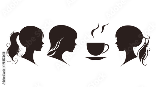 Black silhouettes of women and coffee cup on white background, illustrating a theme