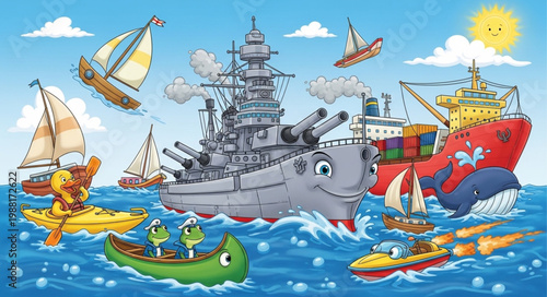 Various cartoon boats and ships sailing on the ocean.