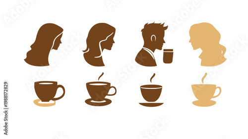 Silhouettes of two women, a man, and cups of coffee in a minimalist design, warm tones