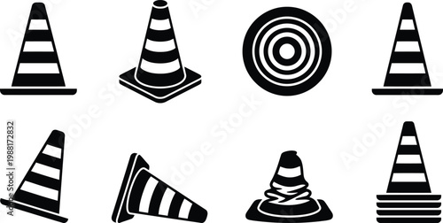 Eine Sammlung von schwarz-weißen Piktogrammen und Silhouetten von Verkehrskegeln in verschiedenen Formen und Positionen, inklusive eines Zielsymbols.