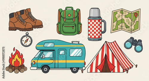 Camping and outdoor adventure gear collection illustration.