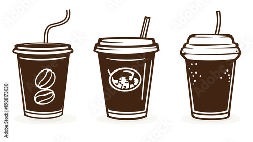 Illustration of three disposable coffee cups with various designs and straws