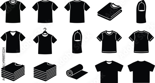 Verschiedene schwarze T-Shirt-Symbole in unterschiedlichen Ansichten und Anordnungen, darunter gefaltet, auf Bügel und gestapelt.