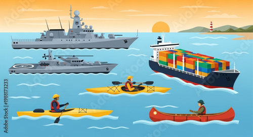 Various watercraft including kayaks canoes and large ships on the ocean.