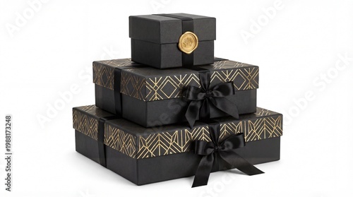 Stack of Luxury Black Gift Boxes with Gold Embellishments