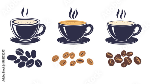 Three cups of coffee with steam and different coffee bean sets on white background