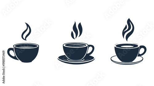 Three minimalist vector illustrations of coffee cups with steam rising, on a white background