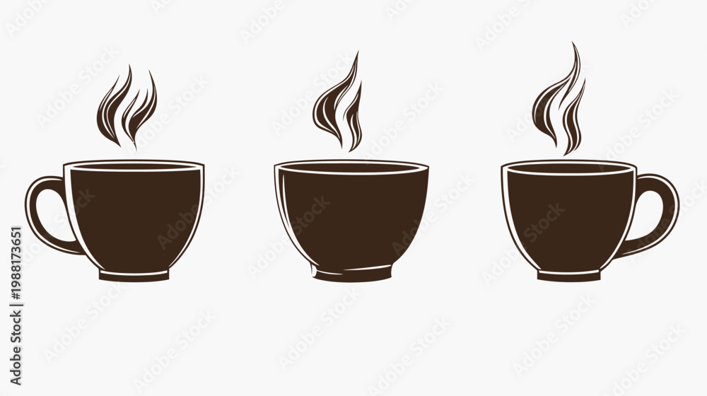 Obraz premium Three stylized brown cups with steam rising, on a white background