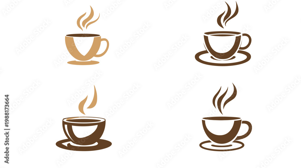 Obraz premium Four stylized coffee cup illustrations, each with steam, featuring different color schemes