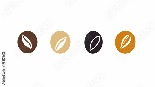 Four round icons each featuring a stylized seed or bean. Different colors brown, tan, black, orange