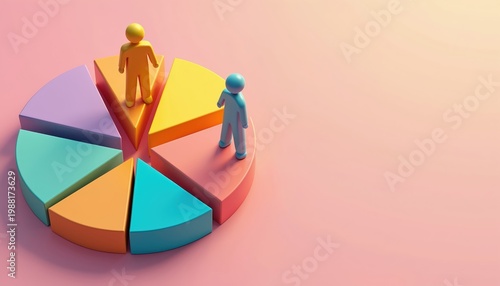 Colorful pie chart divided into sections. Two stylized people stand on different slices. Concept represents business, finance, profit sharing and data analysis. Use for presentation.