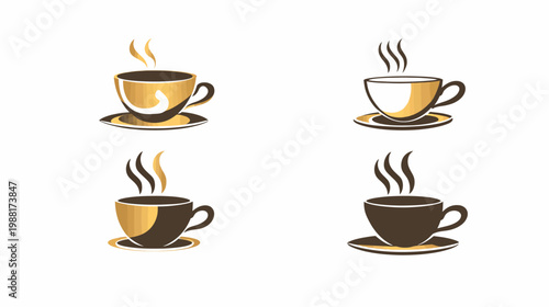 Four stylized coffee cup illustrations, each steaming, with variations in cup color and fill