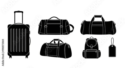 Collection of black luggage and bags for travel.