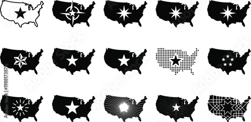 Verschiedene stilisierte Karten der USA mit Sternsymbolen und Mustern in Schwarz-Weiß.
