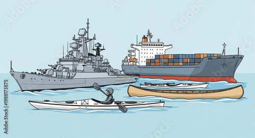Diverse watercraft including a warship cargo ship and kayaks.