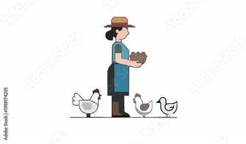 Minimal farmer woman with eggs basket vector chickens ducks simple farm icon