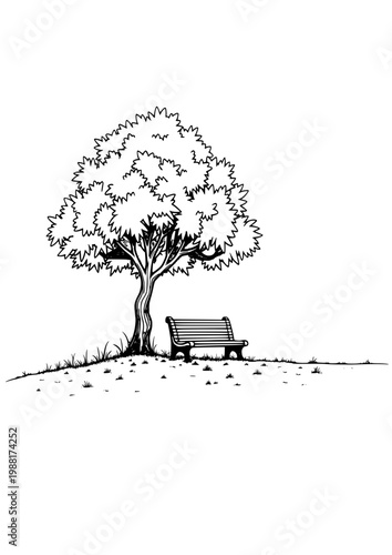 Tree and bench in a tranquil setting, monochrome illustration, minimalistic style, copy space