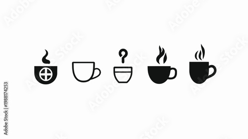Monochrome depiction of five stylized coffee cups and mugs with steam
