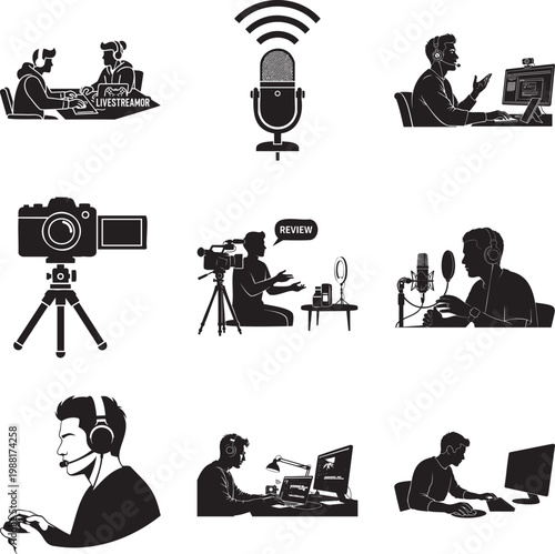 Black and white of creators, gamers, and production msea set streaming