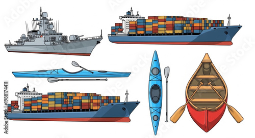 Collection of Various Boats and Ships for Transportation.