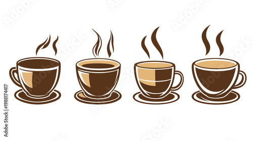 Four stylized coffee cups with steam, each a different color and arrangement