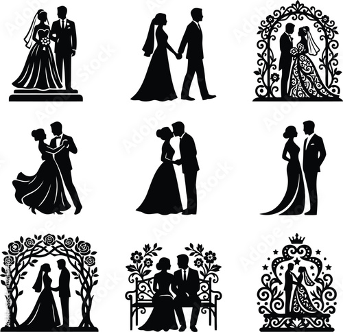 Neun verschiedene Silhouetten von Brautpaaren in verschiedenen Posen, ideal für Hochzeitsdekorationen und Einladungen.