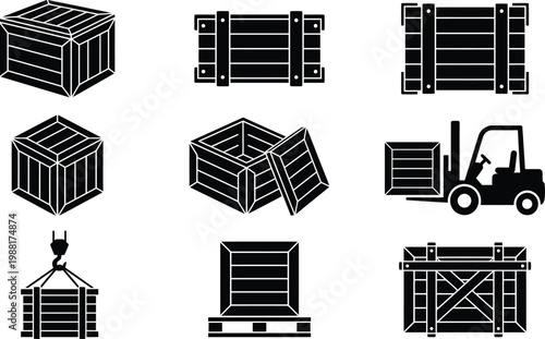 Verschiedene Silhouetten von Holzkisten für Transport und Lagerung, inklusive Gabelstapler und Kran.