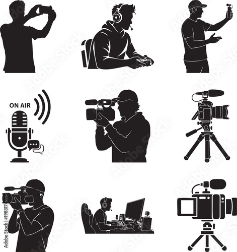 Black silhouette of creators, gamers, and production msea set vlogger