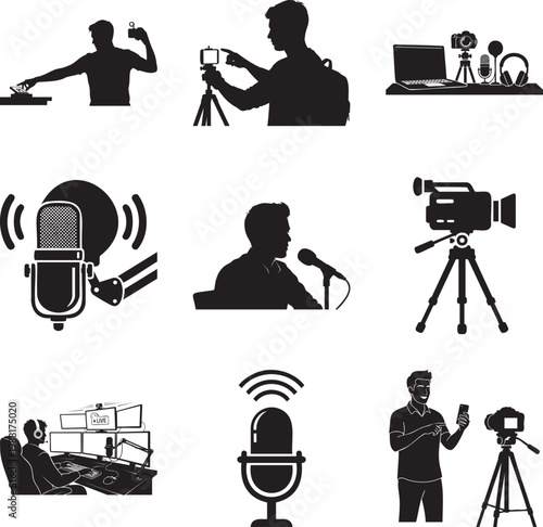 Black silhouette of creators, podcasters, and gear msea set vlogger