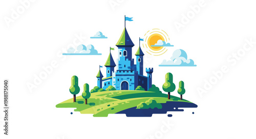 Cartoon castle on green hill with sun and clouds vector illustration