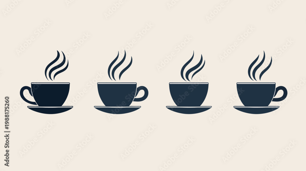 Obraz premium Four stylized, dark-colored coffee cups with steam rising, on saucers, against a light backdrop
