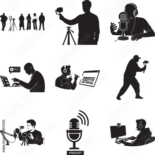 Black silhouette of creators, podcasters, and videographers msea set
