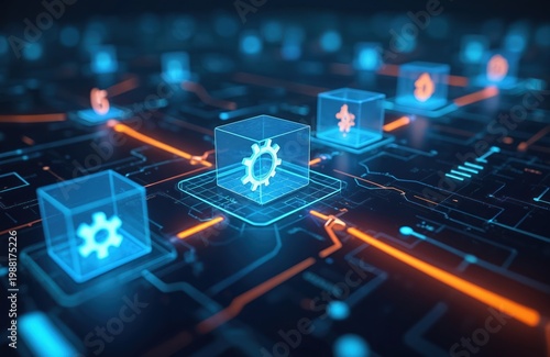 Abstract digital grid with glowing gear icons and data flow lines. Represents complex systems, AI, and interconnected technology networks. Futuristic concept for innovation and progress.