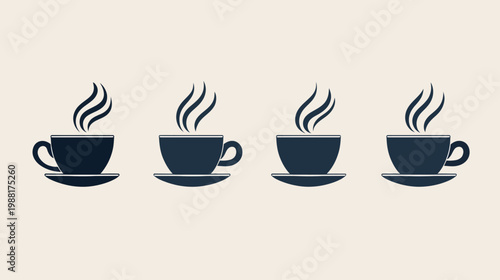 Four stylized, dark-colored coffee cups with steam rising, on saucers, against a light backdrop