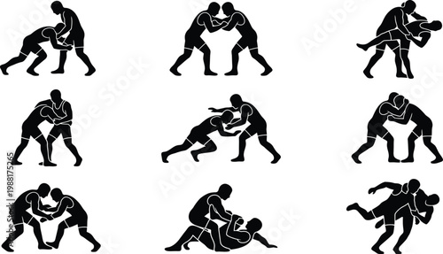 Neun Schwarz-Weiß-Silhouetten von Ringern in verschiedenen Kampfpositionen.