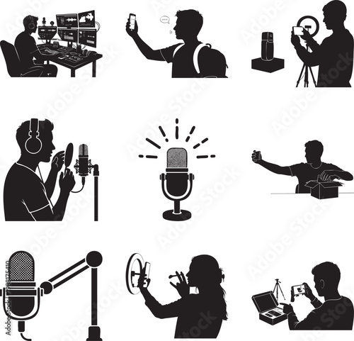 Black silhouette of creators, streamers and tech vloggers msea set