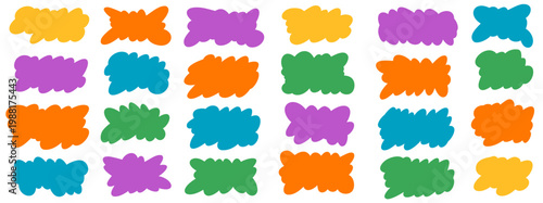 Colorful cloud shapes bubble for frame set. Naive fluffy speech and label stickers. Promo badge cute for flat design. Childish funky blobs callouts for messages. Vector fluffy label for promotion.