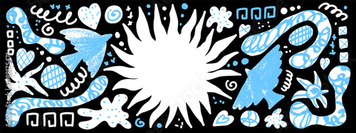 Bird and sun paper cutout in blue and white tactile texture for folk scrapbook. Crayon dove and sun shapes, starburst organic doodles. Vector cutout set with bird elements isolated on dark background.