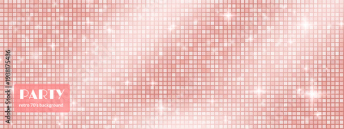 Disco party 80s glitter texture for holiday or event design and nightclub event flyer. Rose gold sequin mosaic background for festive celebration and glamour banner. Vector pink glam disco ball bg.