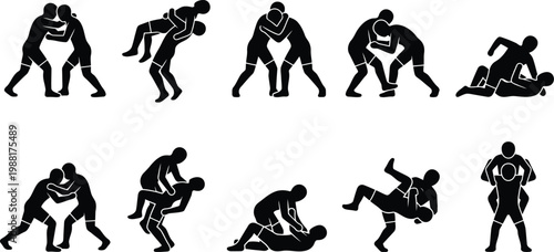Eine Sammlung von zehn schwarzen Silhouetten, die verschiedene Wrestling-Posen und Kampftechniken zwischen zwei Athleten darstellen.