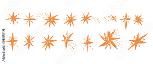Hand drawn stars. Yellow crayon twinkles spark set. Pencil scribble magic twinkles collection. Kids paint collage stickers blinks. Christmas simple shine decoration. Vector asterisk no background.