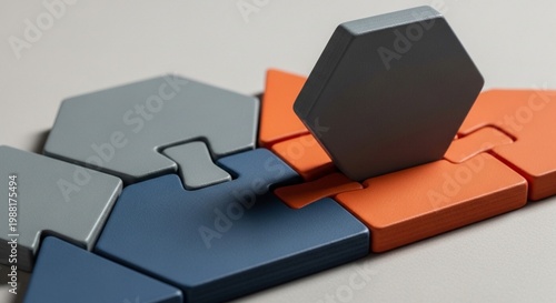 Abstract Geometric Puzzle with Interlocking Hexagon, Square and Triangle Shapes in Grey, Blue and Orange